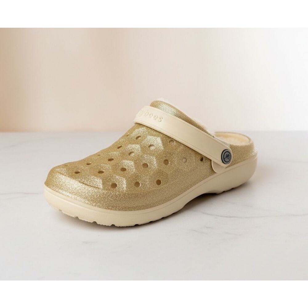 Joybees Varsity Glitter Clog with Faux Fur Lining Champagne Gold Womens Size 7
